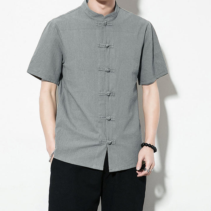 Chemise décontractée en lin à manches courtes pour homme avec boutons de grenouille sur le devant et couleur unie avec Buddha Stones - image 36