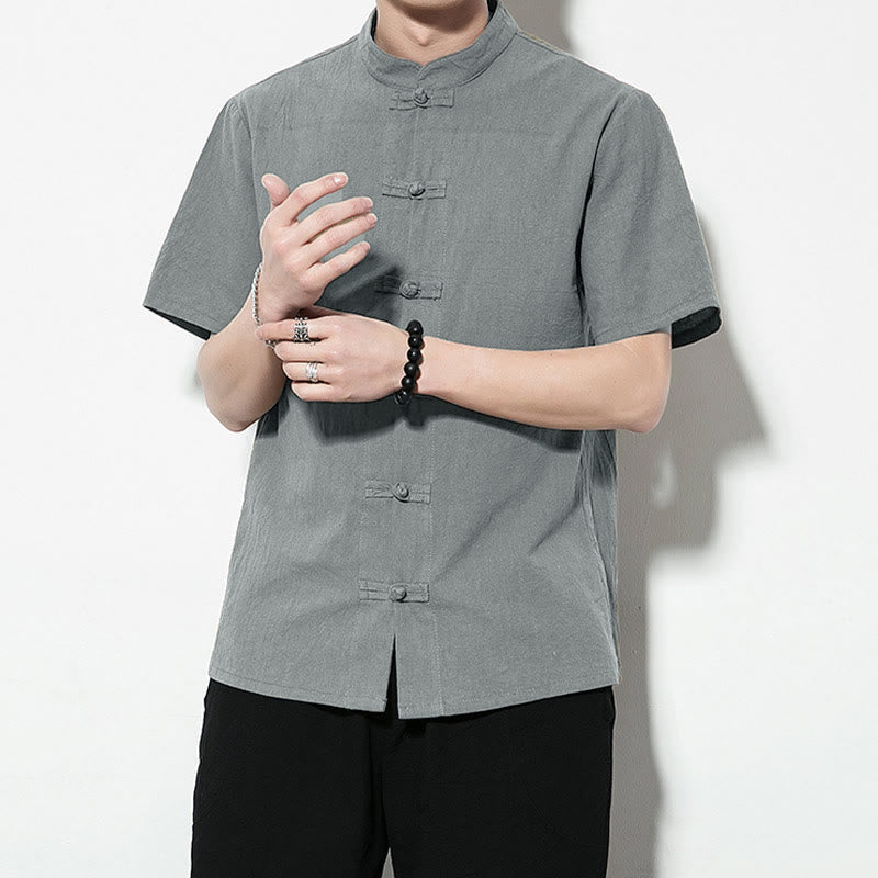 Chemise décontractée en lin à manches courtes pour homme avec boutons de grenouille sur le devant et couleur unie avec Buddha Stones - image 34