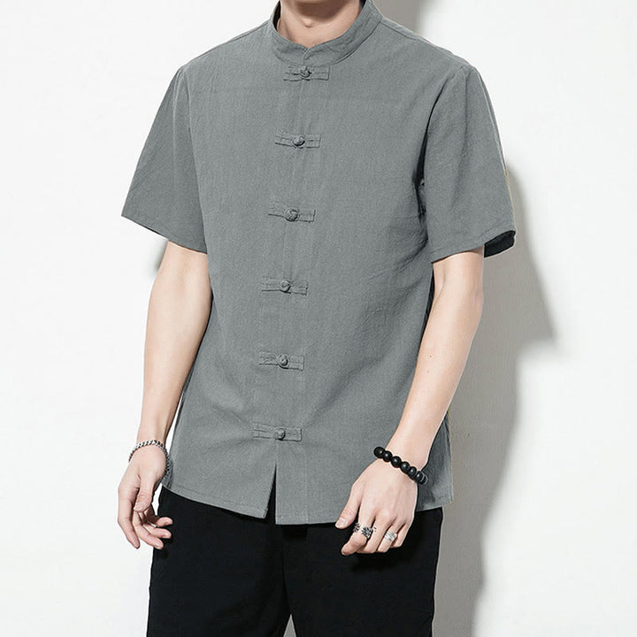 Chemise décontractée en lin à manches courtes pour homme avec boutons de grenouille sur le devant et couleur unie avec Buddha Stones - image 37