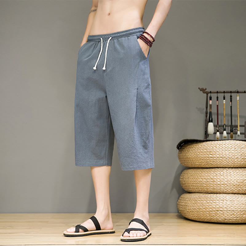 Pantalon Buddha Stones décontracté d'été en coton et lin pour homme, couleur unie, avec cordon de serrage et poches - image 1