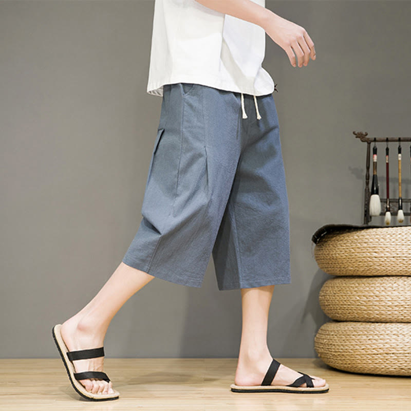 Pantalon Buddha Stones décontracté d'été en coton et lin pour homme, couleur unie, avec cordon de serrage et poches - image 5