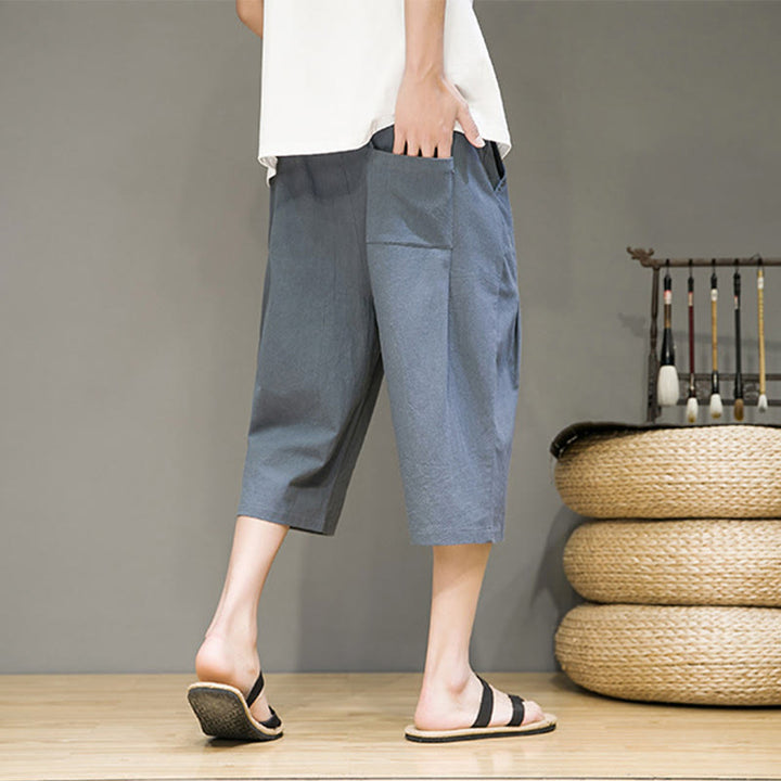 Pantalon Buddha Stones décontracté d'été en coton et lin pour homme, couleur unie, avec cordon de serrage et poches - image 3