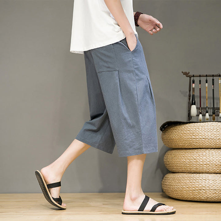 Pantalon Buddha Stones décontracté d'été en coton et lin pour homme, couleur unie, avec cordon de serrage et poches - image 6