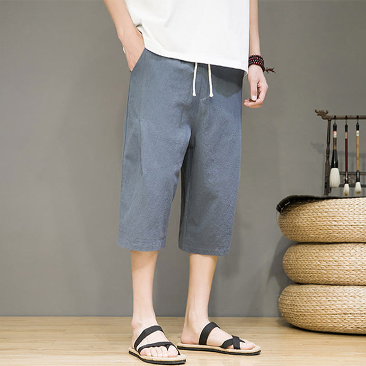 Pantalon Buddha Stones décontracté d'été en coton et lin pour homme, couleur unie, avec cordon de serrage et poches - image 8