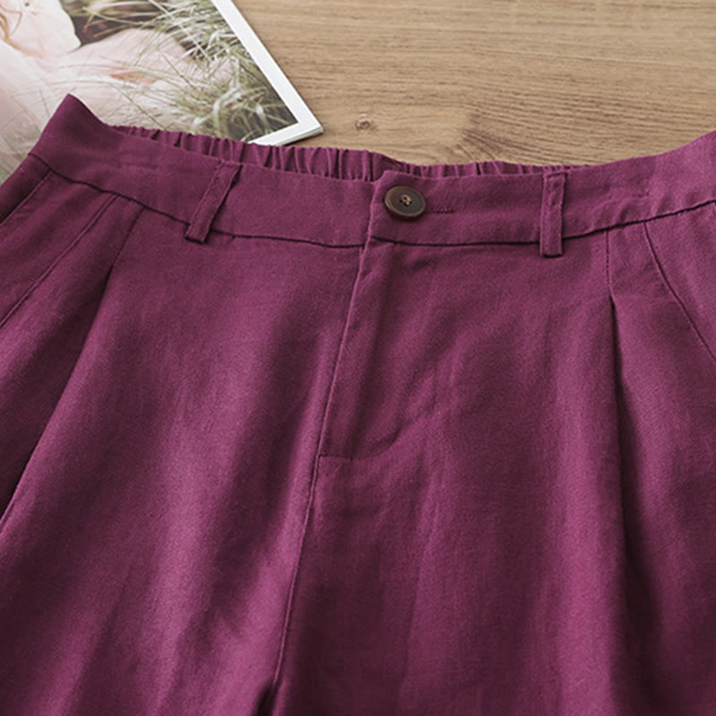 Pantalon large Buddha Stones rétro uni en coton pour femme avec poches et fermeture éclair