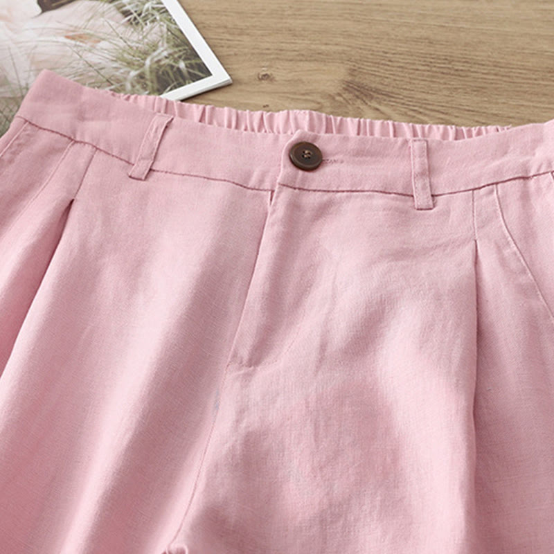 Pantalon large Buddha Stones rétro uni en coton pour femme avec poches et fermeture éclair