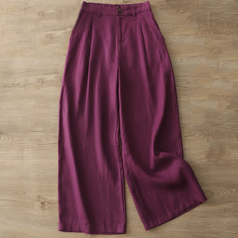 Pantalon large Buddha Stones rétro uni en coton pour femme avec poches et fermeture éclair