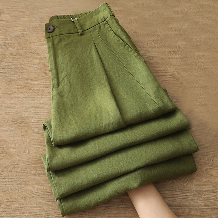 Pantalon large Buddha Stones rétro uni en coton pour femme avec poches et fermeture éclair