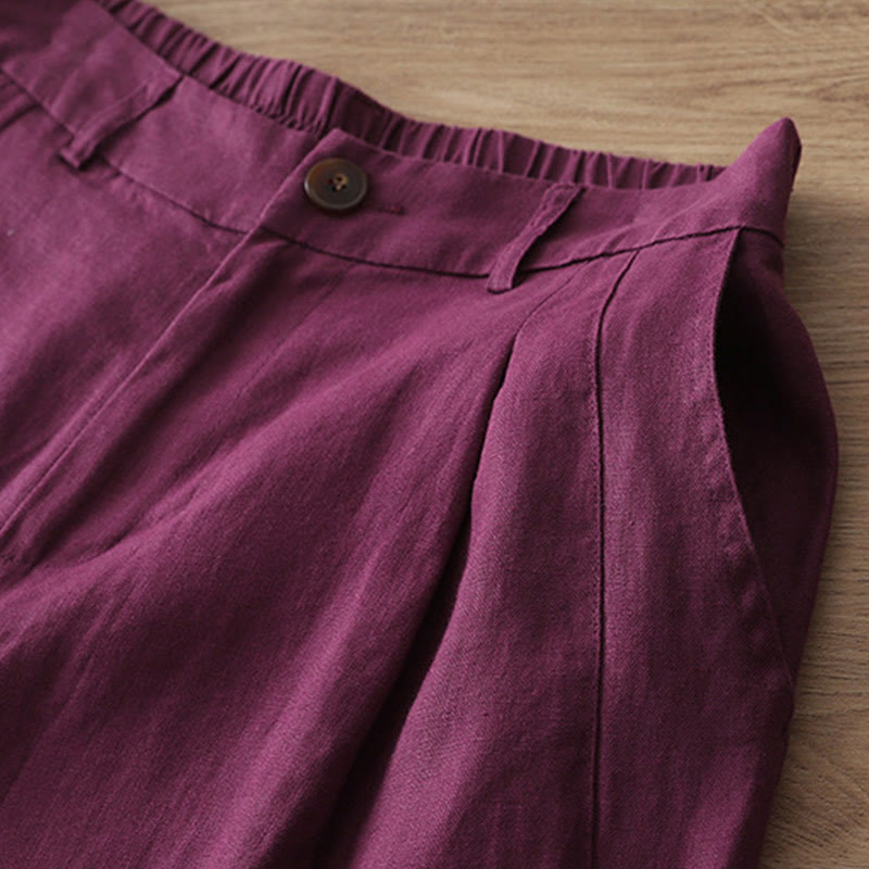 Pantalon large Buddha Stones rétro uni en coton pour femme avec poches et fermeture éclair