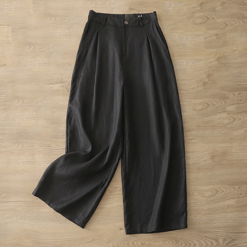 Pantalon large Buddha Stones rétro uni en coton pour femme avec poches et fermeture éclair