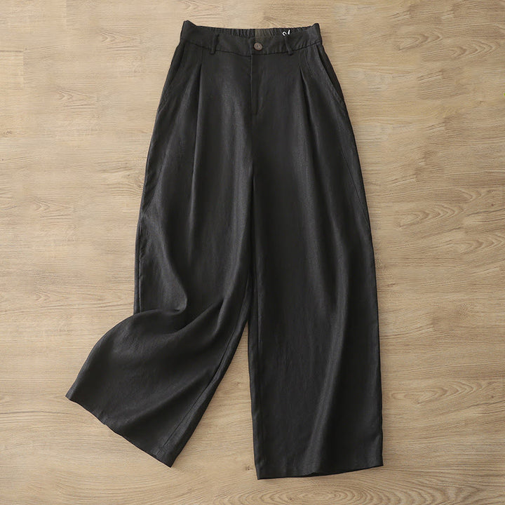 Pantalon large Buddha Stones rétro uni en coton pour femme avec poches et fermeture éclair