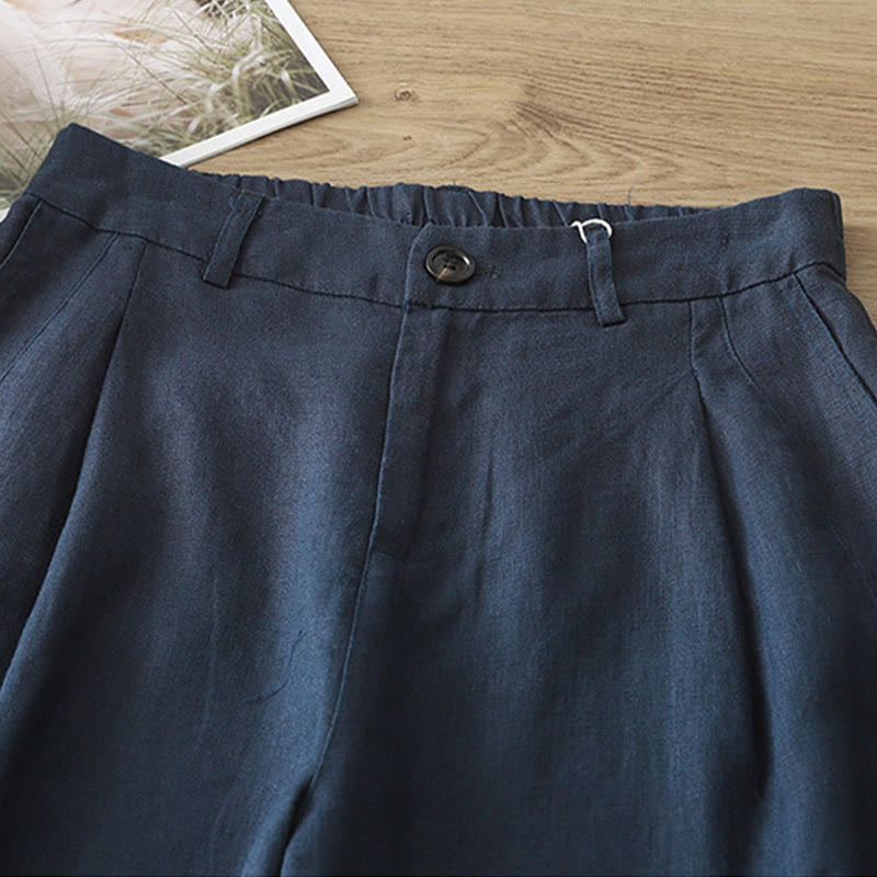 Pantalon large Buddha Stones rétro uni en coton pour femme avec poches et fermeture éclair