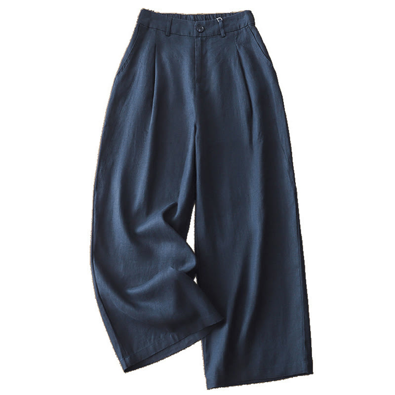 Pantalon large Buddha Stones rétro uni en coton pour femme avec poches et fermeture éclair