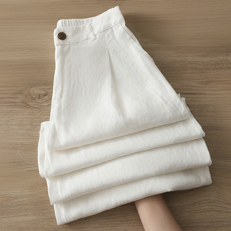 Pantalon large Buddha Stones rétro uni en coton pour femme avec poches et fermeture éclair