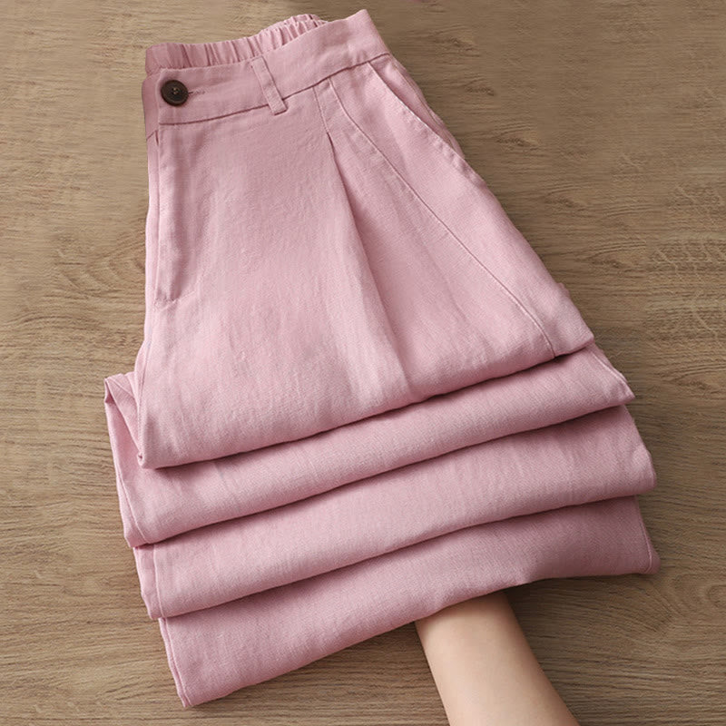 Pantalon large Buddha Stones rétro uni en coton pour femme avec poches et fermeture éclair
