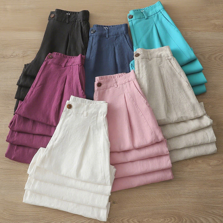 Pantalon large Buddha Stones rétro uni en coton pour femme avec poches et fermeture éclair