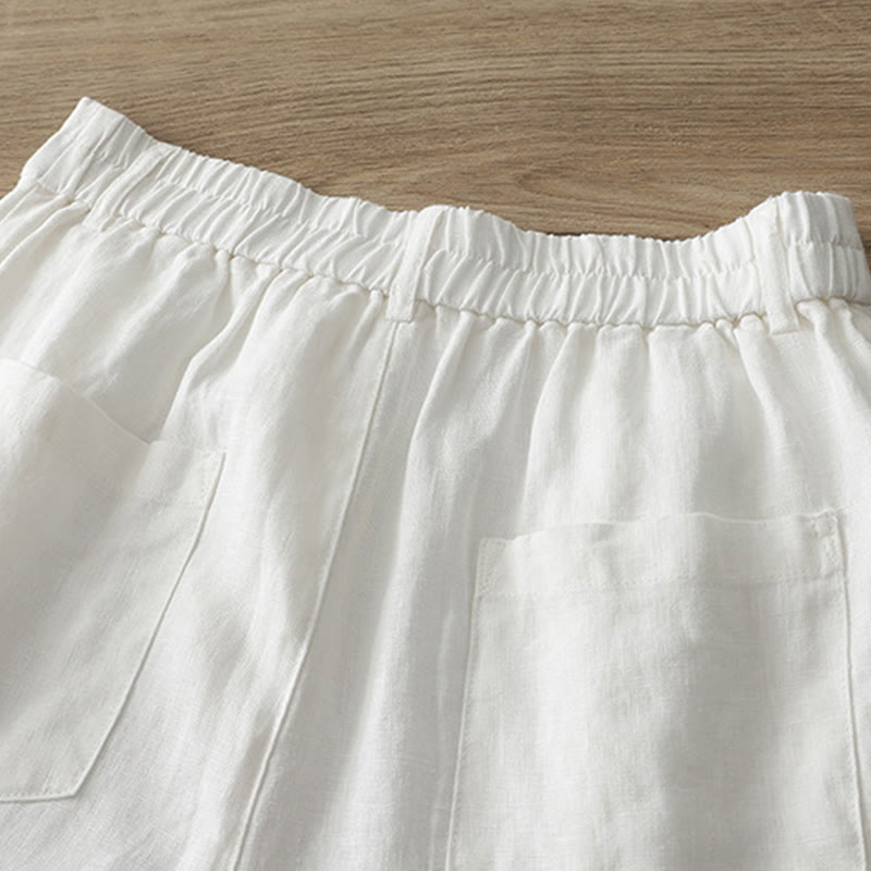 Pantalon large Buddha Stones rétro uni en coton pour femme avec poches et fermeture éclair