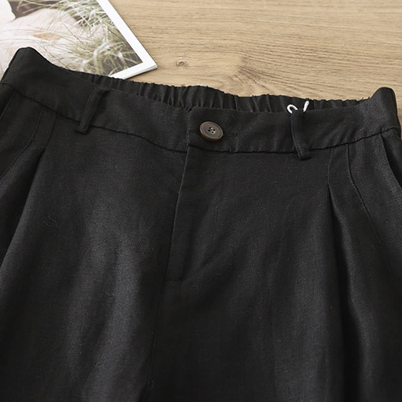Pantalon large Buddha Stones rétro uni en coton pour femme avec poches et fermeture éclair