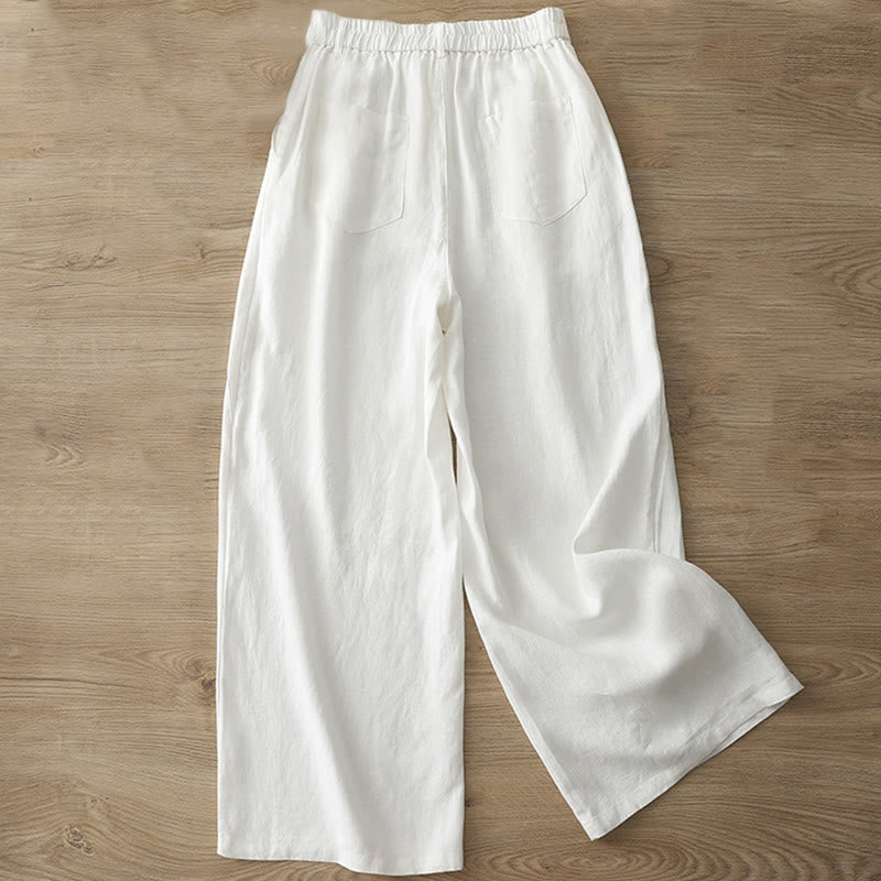 Pantalon large Buddha Stones rétro uni en coton pour femme avec poches et fermeture éclair