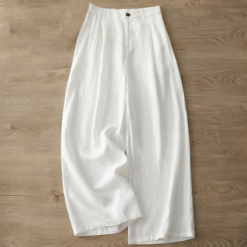 Pantalon large Buddha Stones rétro uni en coton pour femme avec poches et fermeture éclair