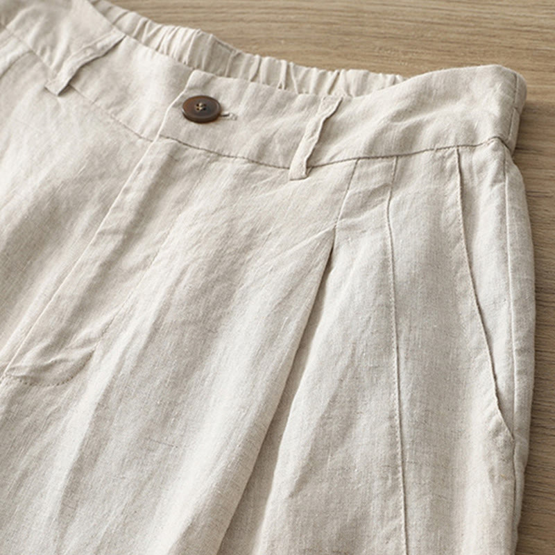 Pantalon large Buddha Stones rétro uni en coton pour femme avec poches et fermeture éclair