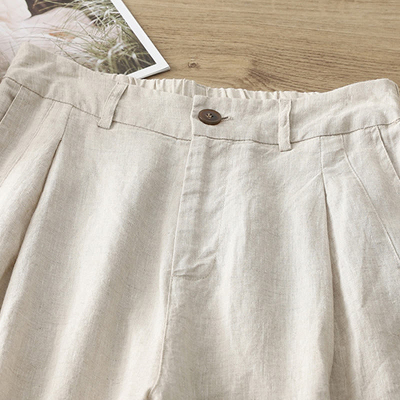 Pantalon large Buddha Stones rétro uni en coton pour femme avec poches et fermeture éclair
