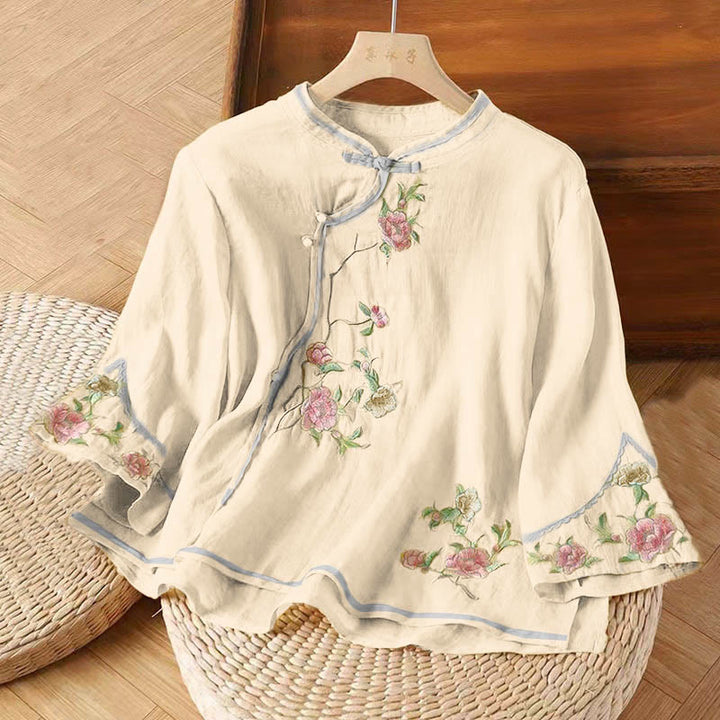 Buddha Stones décontractée en coton et lin pour femme, motif floral brodé vintage, motif grenouille chinoise, col ras du cou, boutons - LemonChiffon - US12，UK/AU16，EU44 (3XL) - image 4
