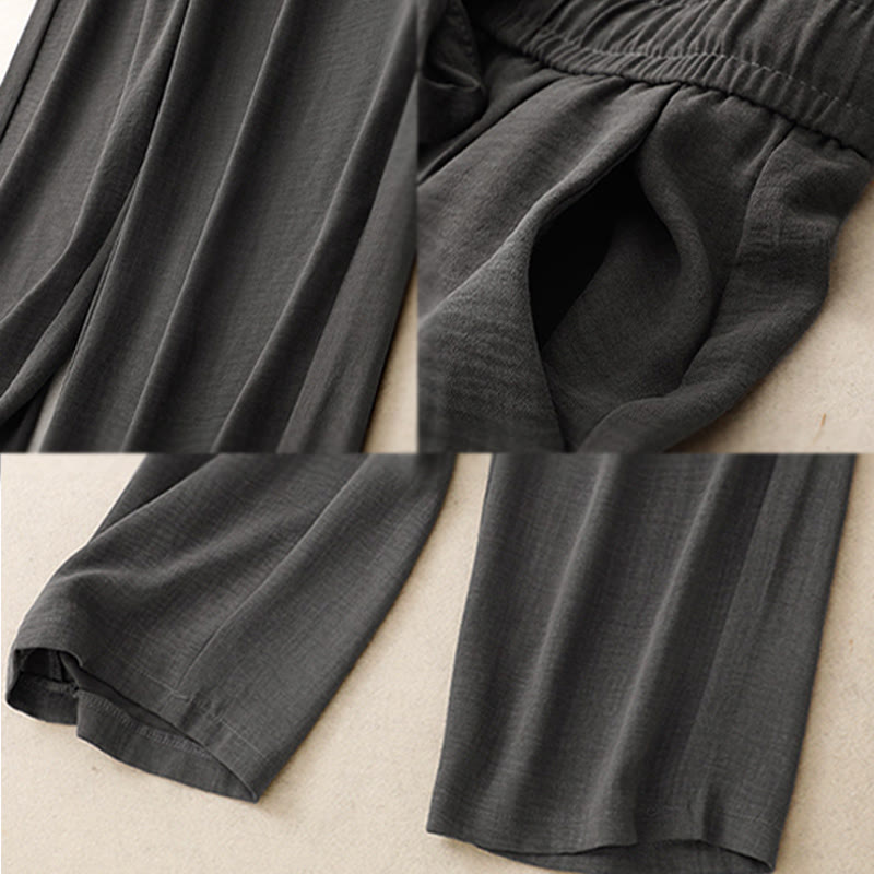 Pantalon large en coton avec poches et lacets pour femme, style décontracté, Buddha Stones