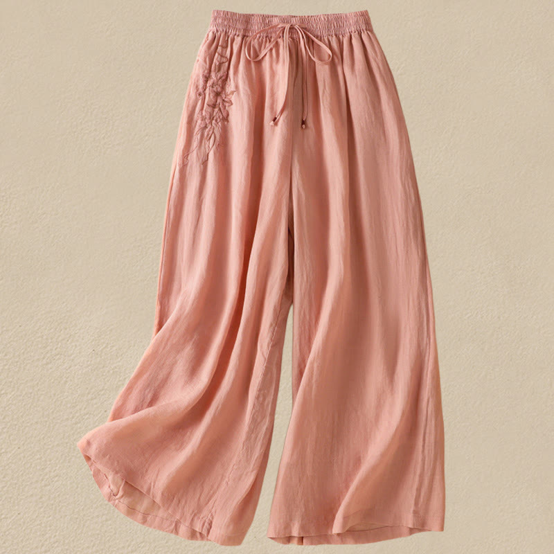 Pantalon large en coton avec cordon de serrage et broderie Buddha Stones pour femme, avec poches