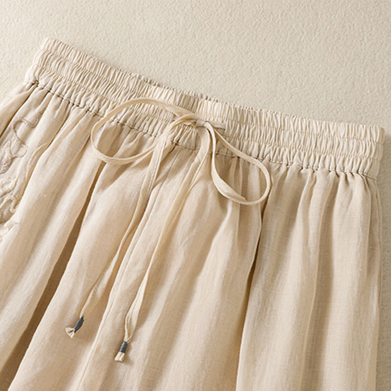 Pantalon large en coton avec cordon de serrage et broderie Buddha Stones pour femme, avec poches