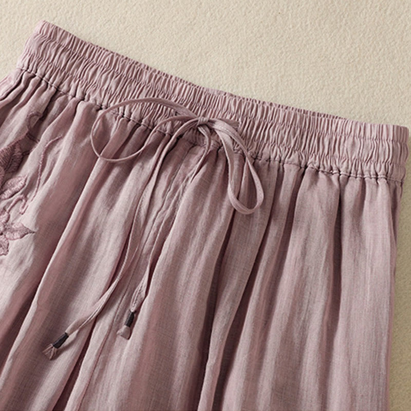 Pantalon large en coton avec cordon de serrage et broderie Buddha Stones pour femme, avec poches