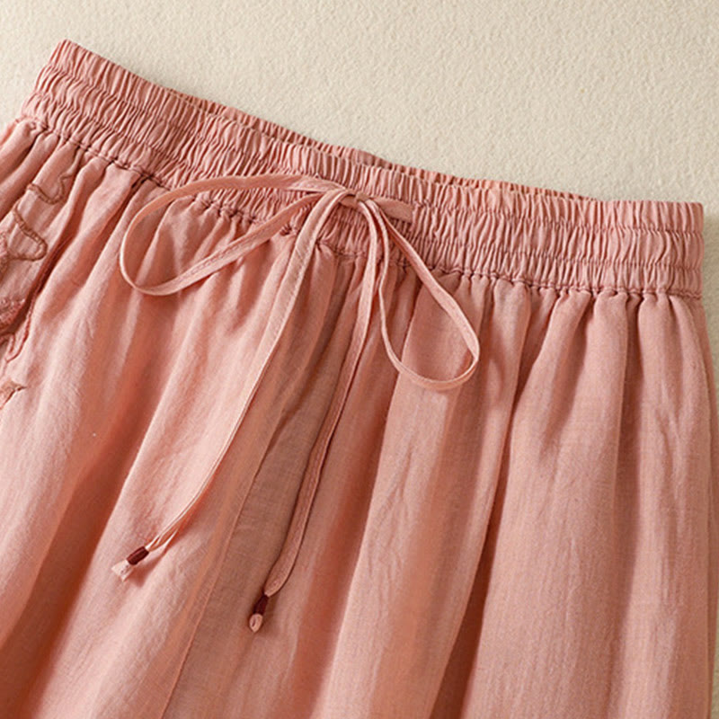 Pantalon large en coton avec cordon de serrage et broderie Buddha Stones pour femme, avec poches