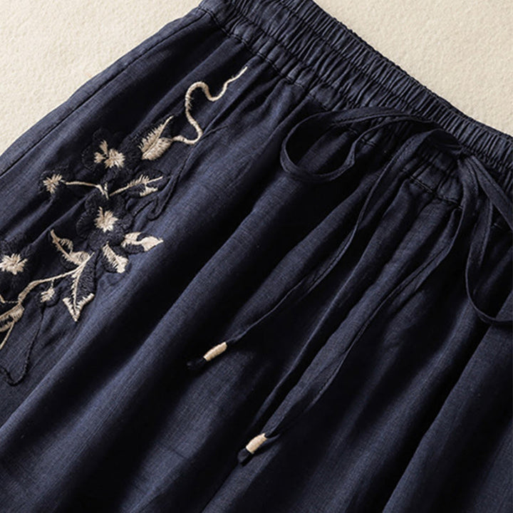 Pantalon large en coton avec cordon de serrage et broderie Buddha Stones pour femme, avec poches