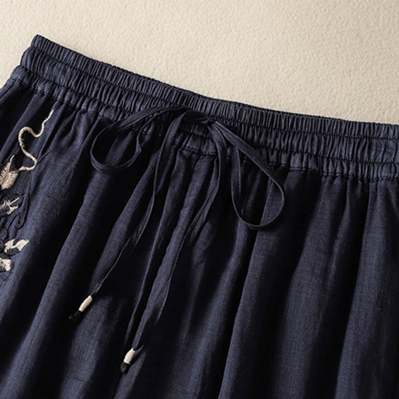 Pantalon large en coton avec cordon de serrage et broderie Buddha Stones pour femme, avec poches