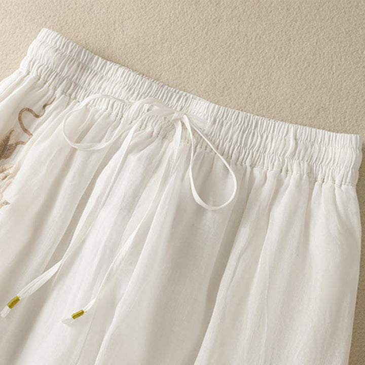 Pantalon large en coton avec cordon de serrage et broderie Buddha Stones pour femme, avec poches