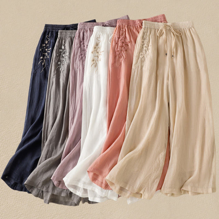 Pantalon large en coton avec cordon de serrage et broderie Buddha Stones pour femme, avec poches