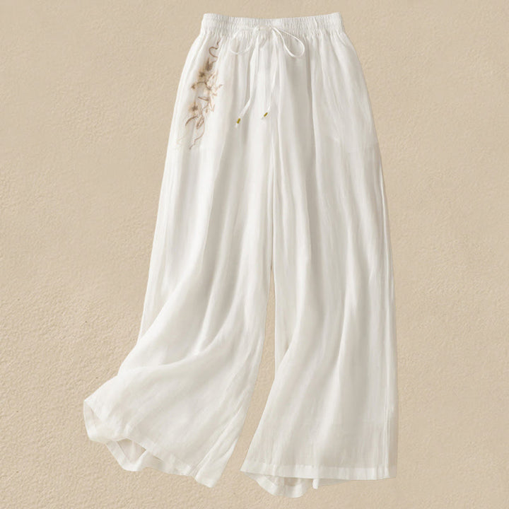 Pantalon large en coton avec cordon de serrage et broderie Buddha Stones pour femme, avec poches - Blanc - US8-10，UK/AU12-14，EU40-42 (2XL) - image 25