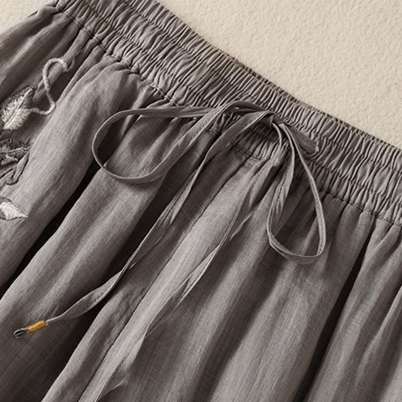 Pantalon large en coton avec cordon de serrage et broderie Buddha Stones pour femme, avec poches