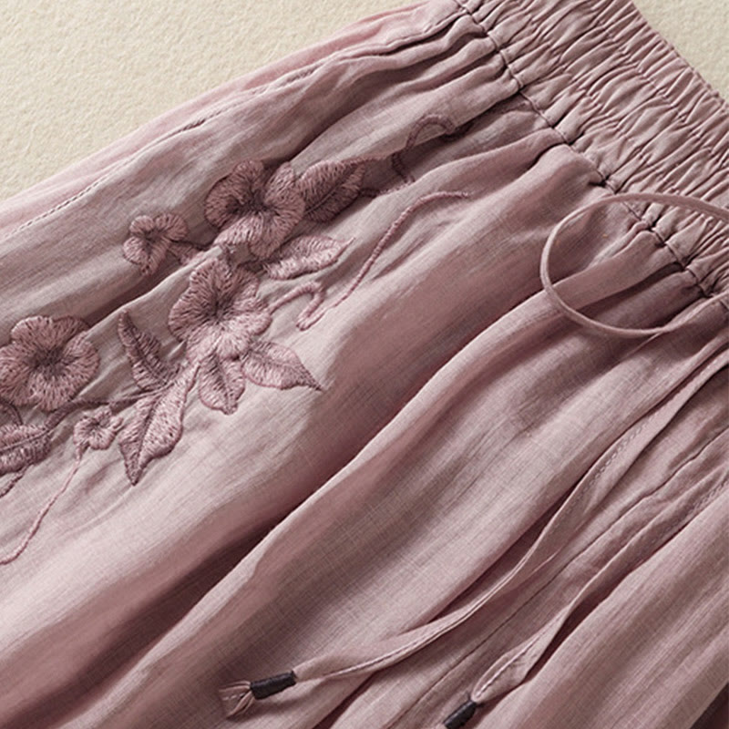 Pantalon large en coton avec cordon de serrage et broderie Buddha Stones pour femme, avec poches - image 37