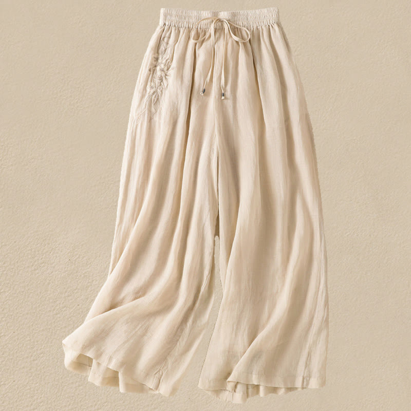 Pantalon large en coton avec cordon de serrage et broderie Buddha Stones pour femme, avec poches - Beige - US8-10，UK/AU12-14，EU40-42 (2XL) - image 7