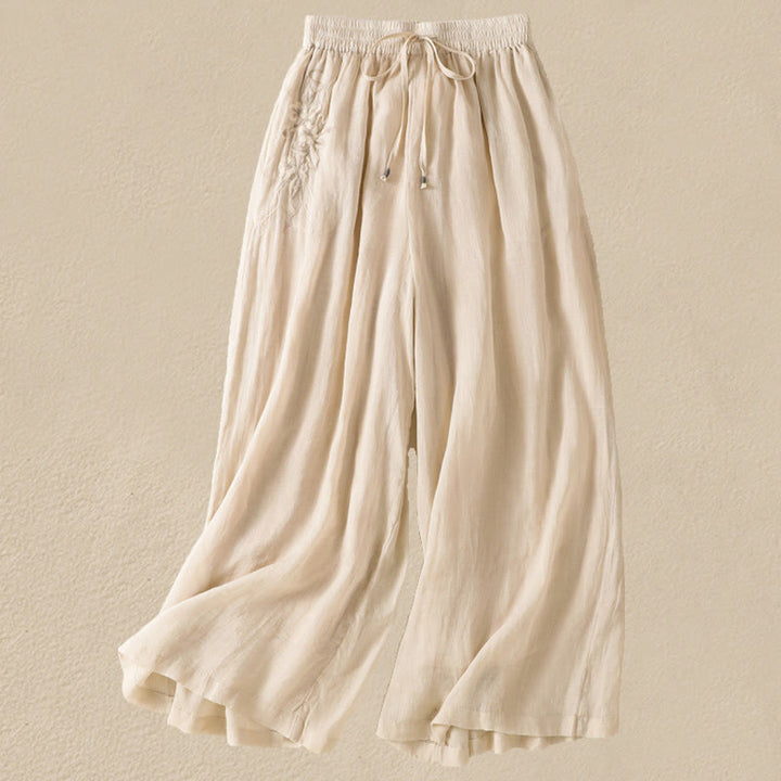 Pantalon large en coton avec cordon de serrage et broderie Buddha Stones pour femme, avec poches - Beige - US8-10，UK/AU12-14，EU40-42 (2XL) - image 7