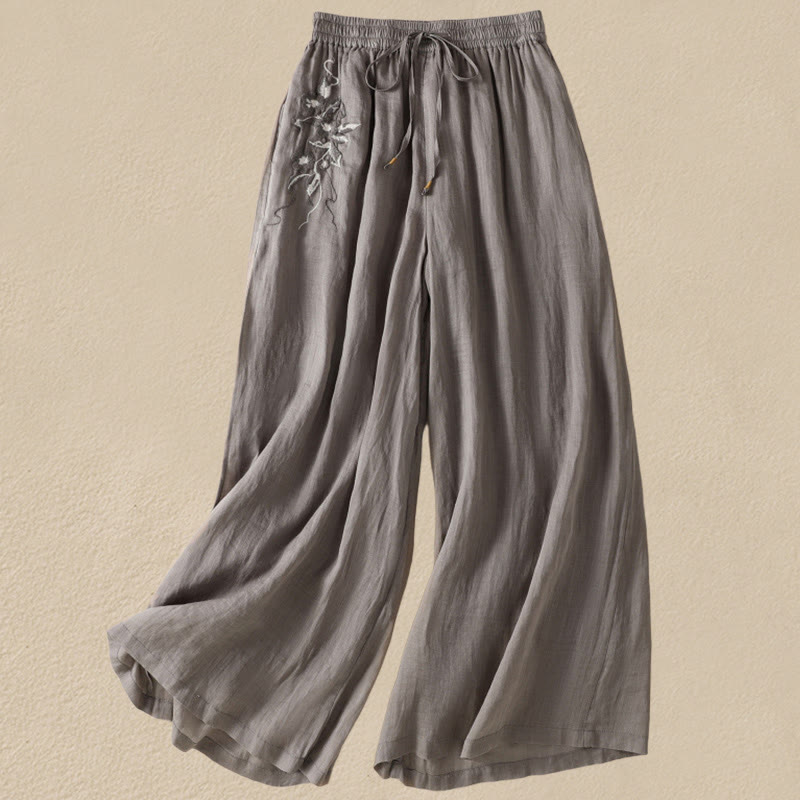 Pantalon large en coton avec cordon de serrage et broderie Buddha Stones pour femme, avec poches