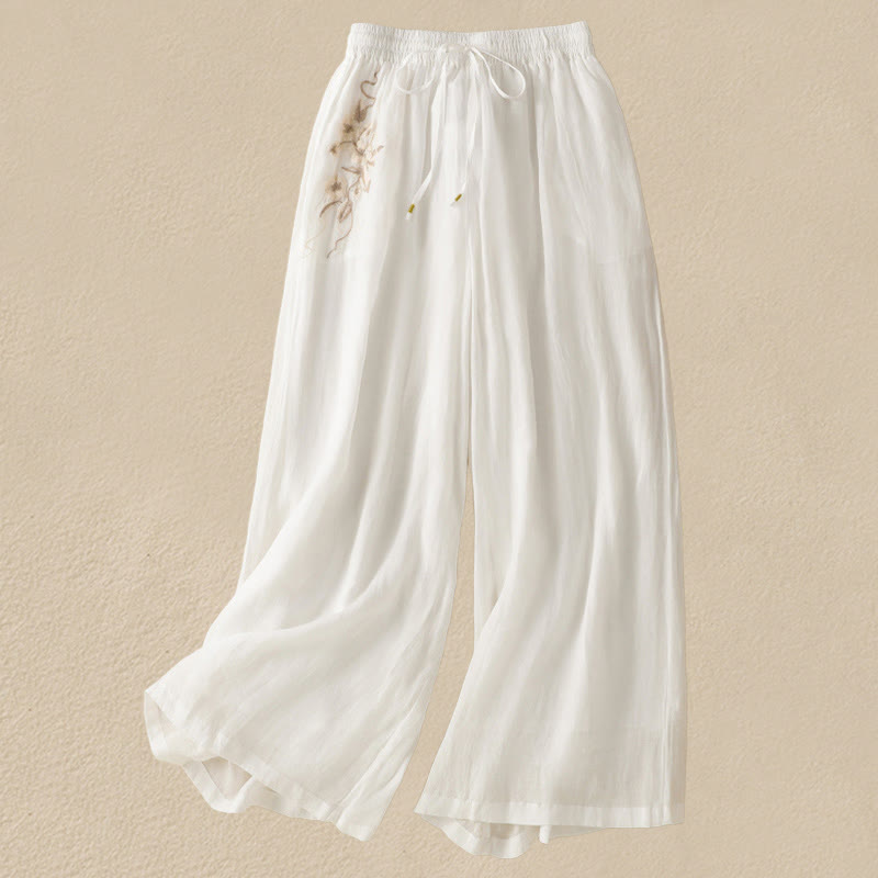 Pantalon large en coton avec cordon de serrage et broderie Buddha Stones pour femme, avec poches