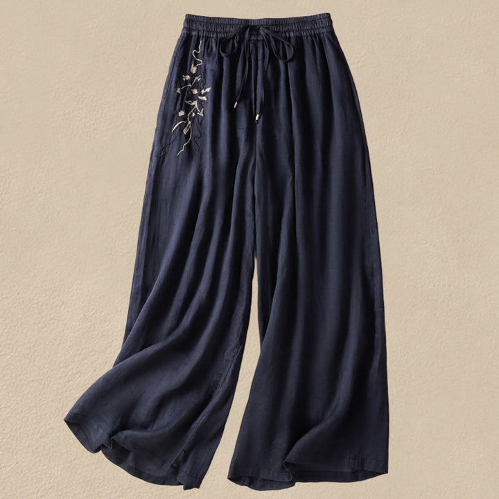 Pantalon large en coton avec cordon de serrage et broderie Buddha Stones pour femme, avec poches - Bleu nuit - US8-10，UK/AU12-14，EU40-42 (2XL) - image 0