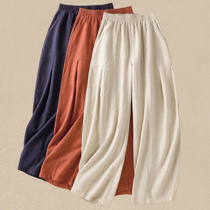 Pantalon sarouel taille haute en coton et lin pour femme, uni et simple, avec poches, motif Buddha Stones