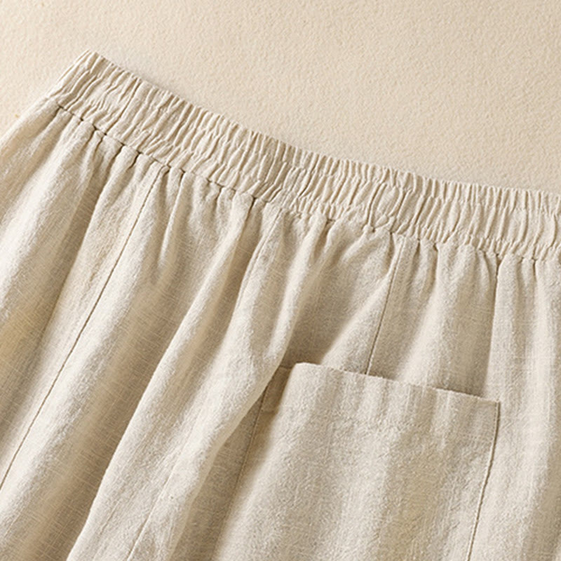 Pantalon sarouel taille haute en coton et lin pour femme, uni et simple, avec poches, motif Buddha Stones - image 4