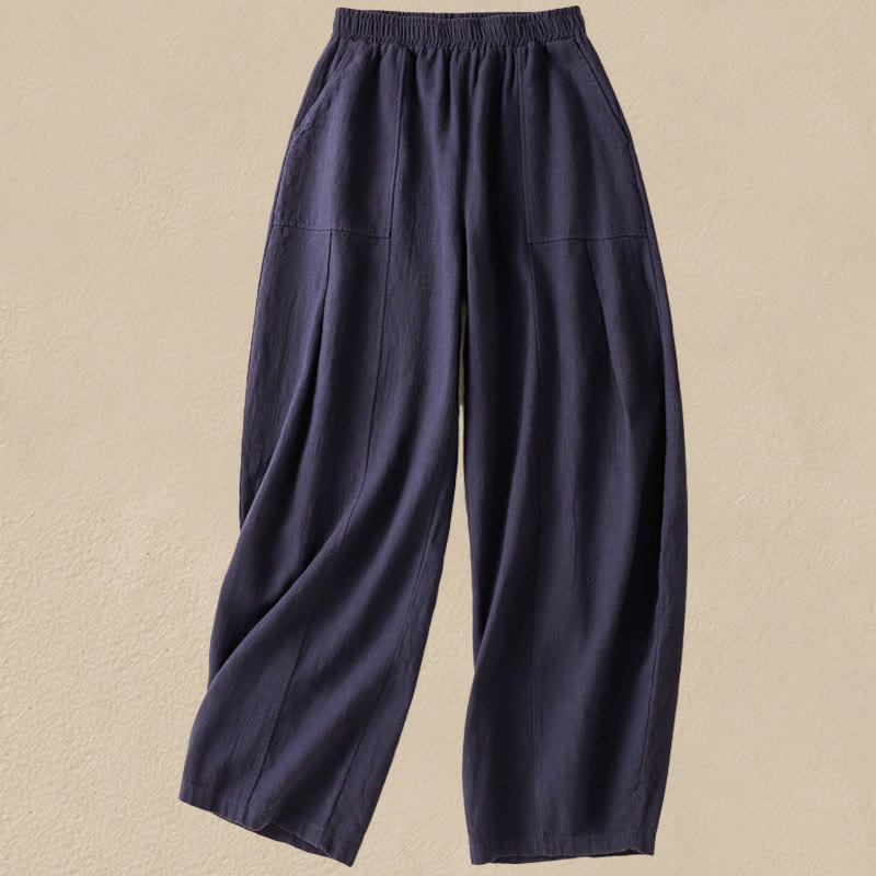 Pantalon sarouel taille haute en coton et lin pour femme, uni et simple, avec poches, motif Buddha Stones