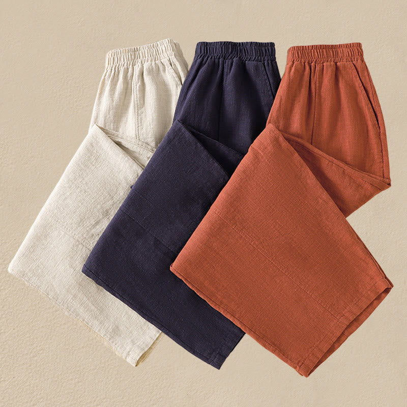Pantalon sarouel taille haute en coton et lin pour femme, uni et simple, avec poches, motif Buddha Stones