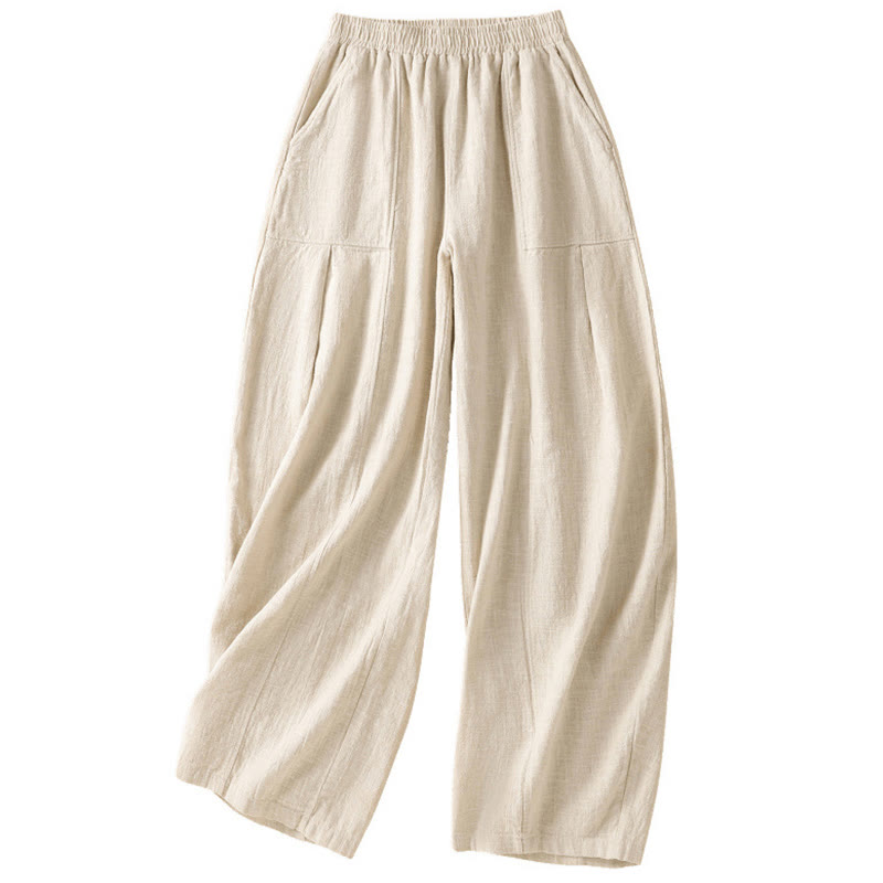 Pantalon sarouel taille haute en coton et lin pour femme, uni et simple, avec poches, motif Buddha Stones