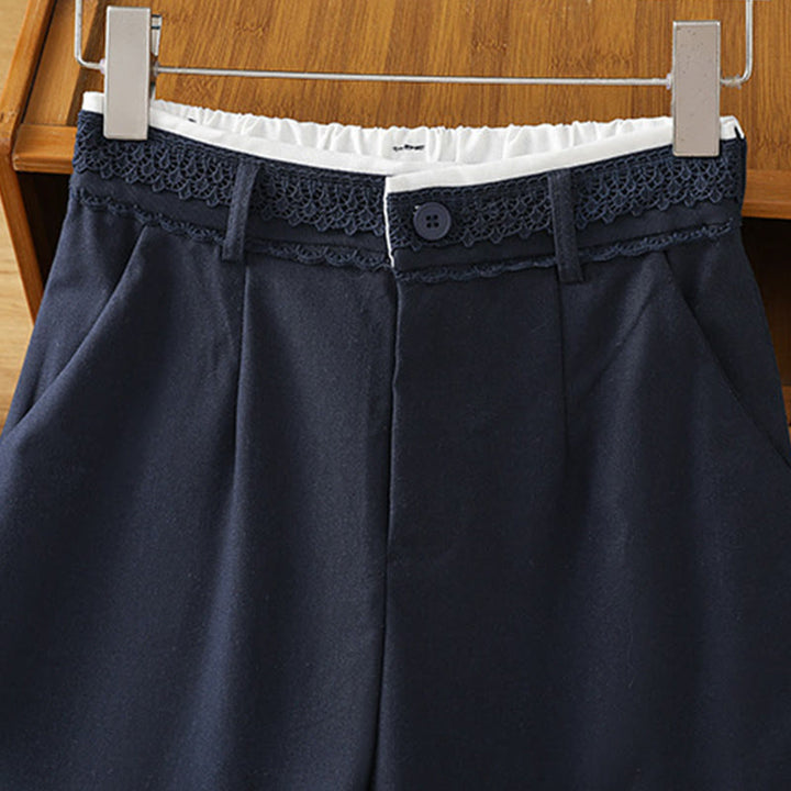 Pantalon large décontracté en coton et lin avec poches et ceinture en dentelle ajourée pour femme